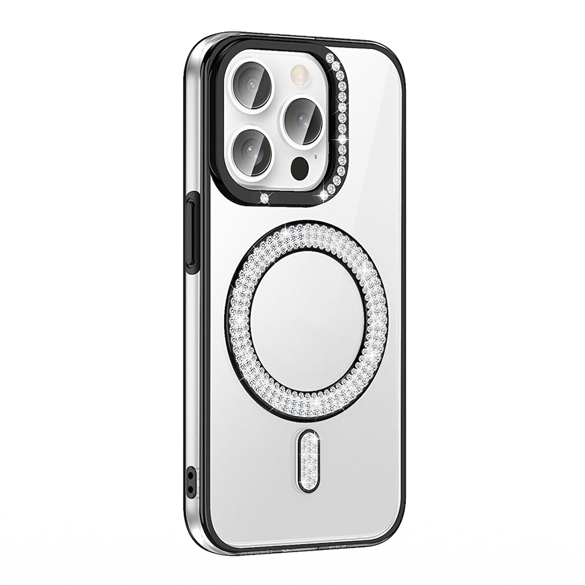 iPhone 14 Pro Max Kılıf Pırlanta Taş Tasarımlı M-safe Şarj Özellikli Karetta Silikon Kılıf