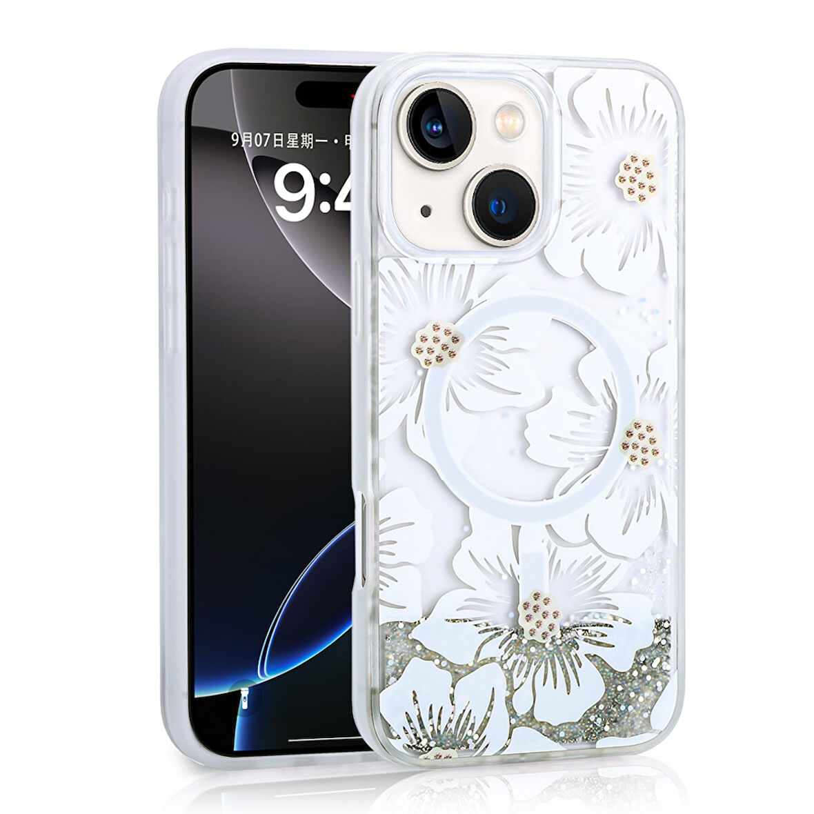 iPhone 14 / İphone 13 Kılıf Sıvılı Simli Baskılı Şeffaf Arka Yüzey Mossa Silikon Kılıf