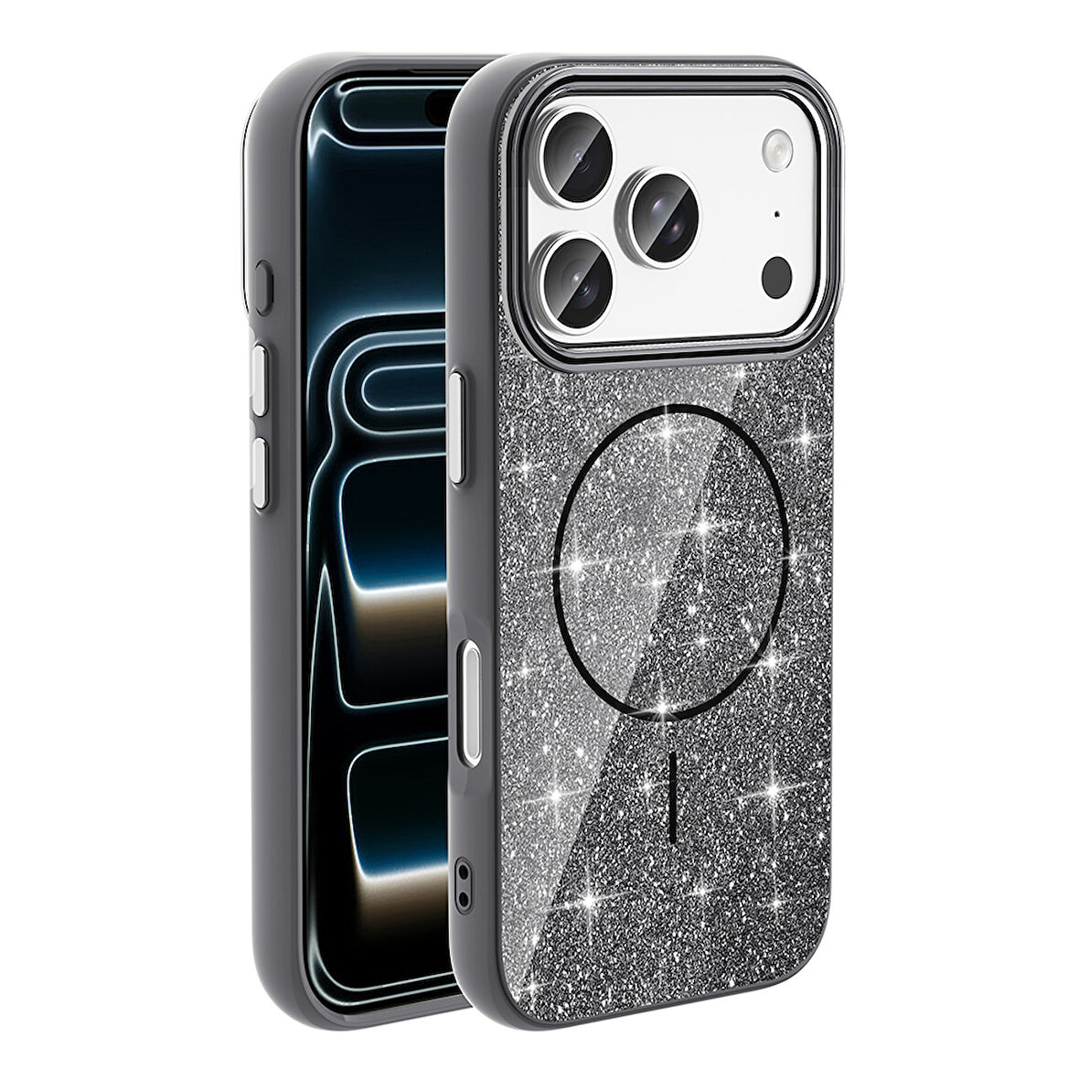 iPhone 17 Pro Kılıf M-safe Şarj Özellikli Parlayan Simli Okso Kılıf