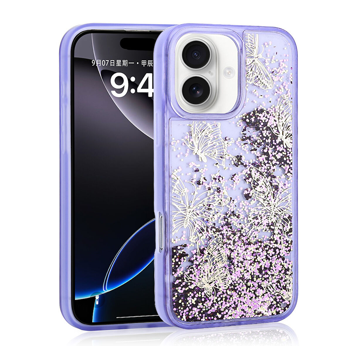 iPhone 16 Kılıf Sıvılı Simli Kelebek Baskılı Şeffaf Arka Yüzey Glis Silikon Kılıf