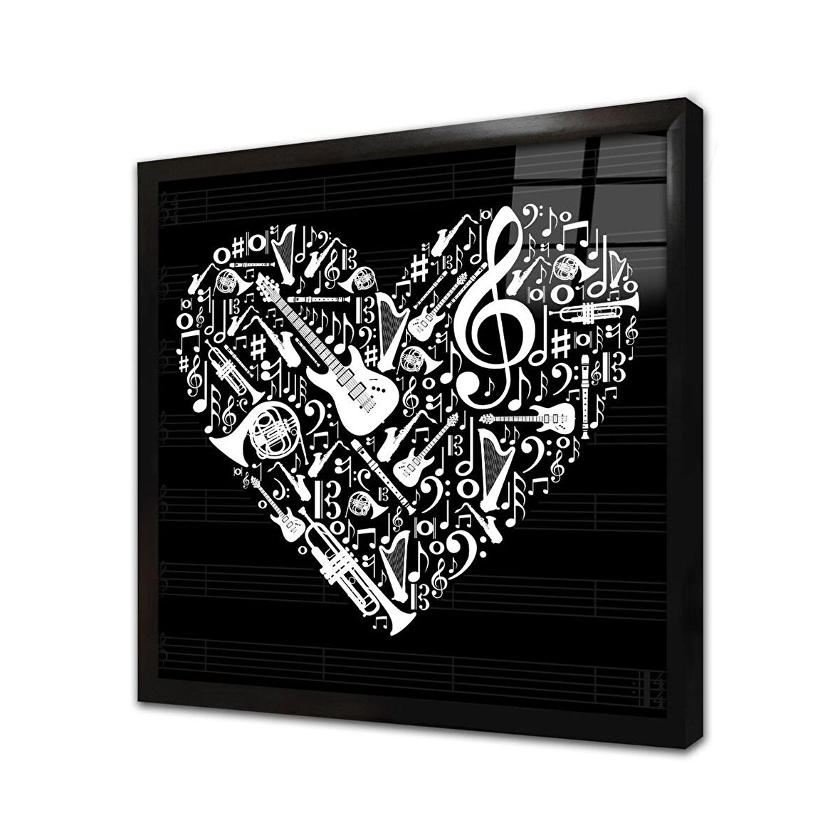 Müzik Enstrümanları Kalp Tasarım Çerçeveli Cam Tablo