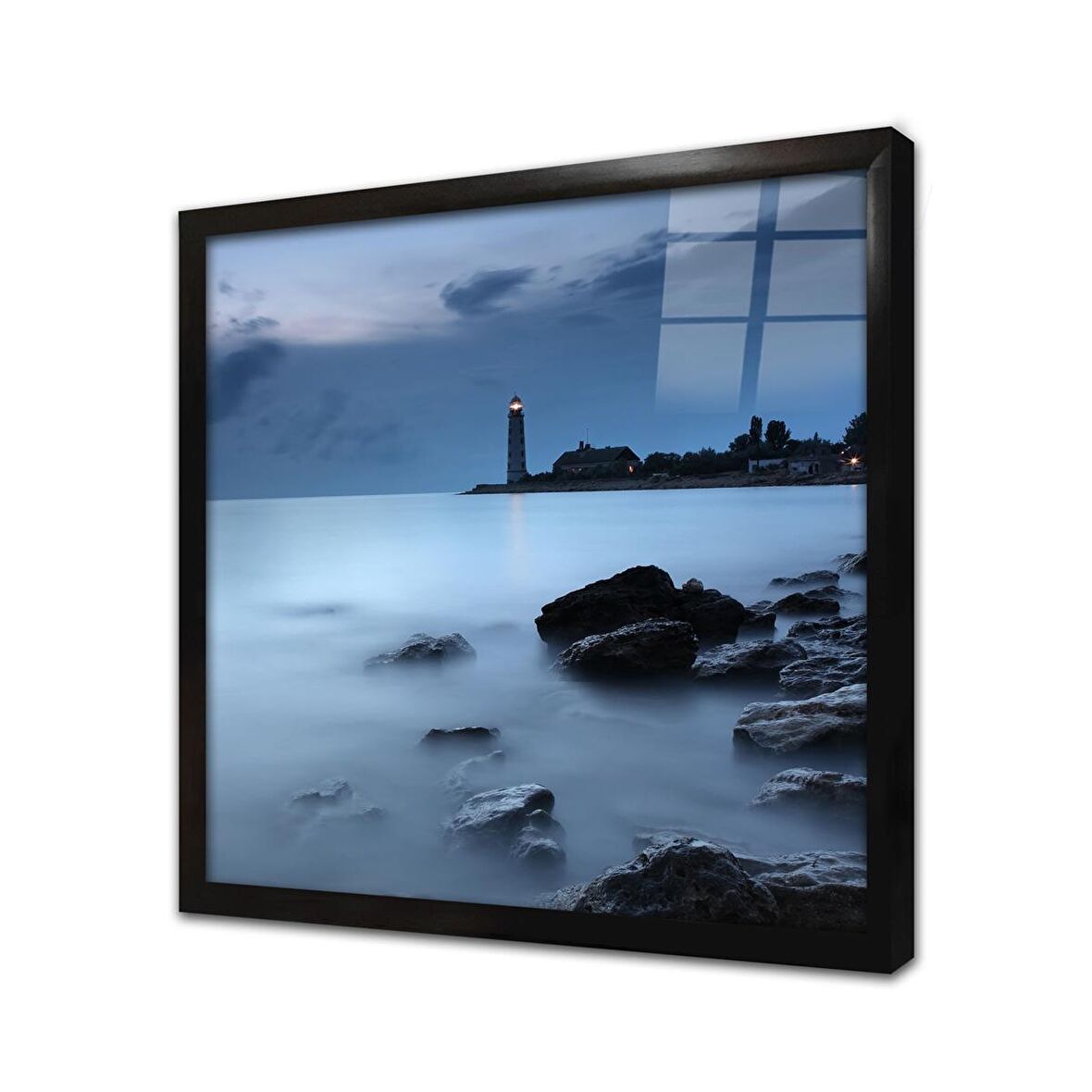 Gece Deniz Feneri Çerçeveli Cam Tablo