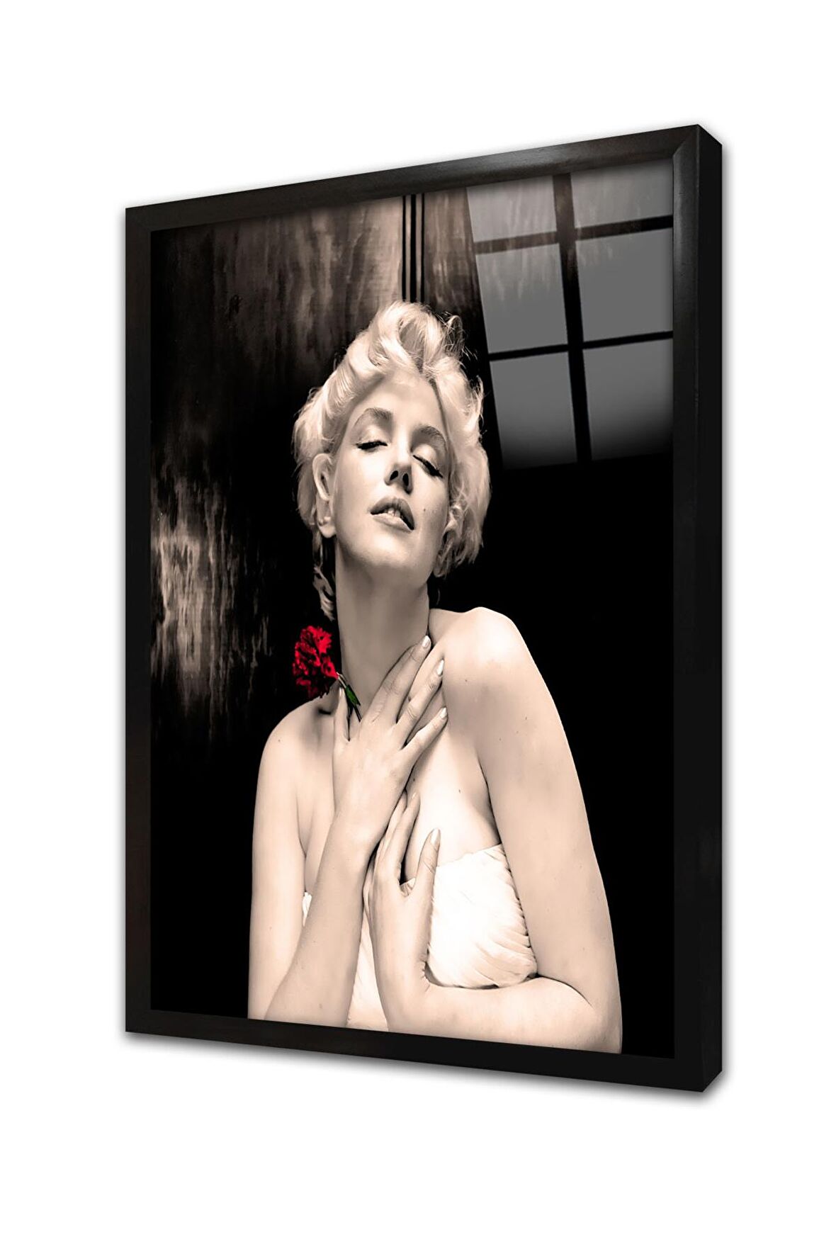 Marliyn Monroe Kırmızı Çiçeğiyle Çerçeveli Cam Tablo