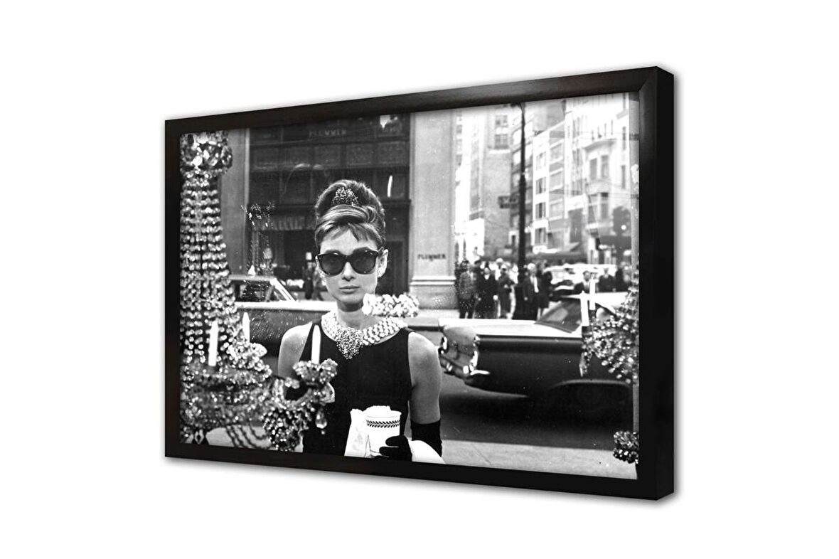 Siyah Beyaz Audrey Hepburn Çerçeveli Cam Tablo