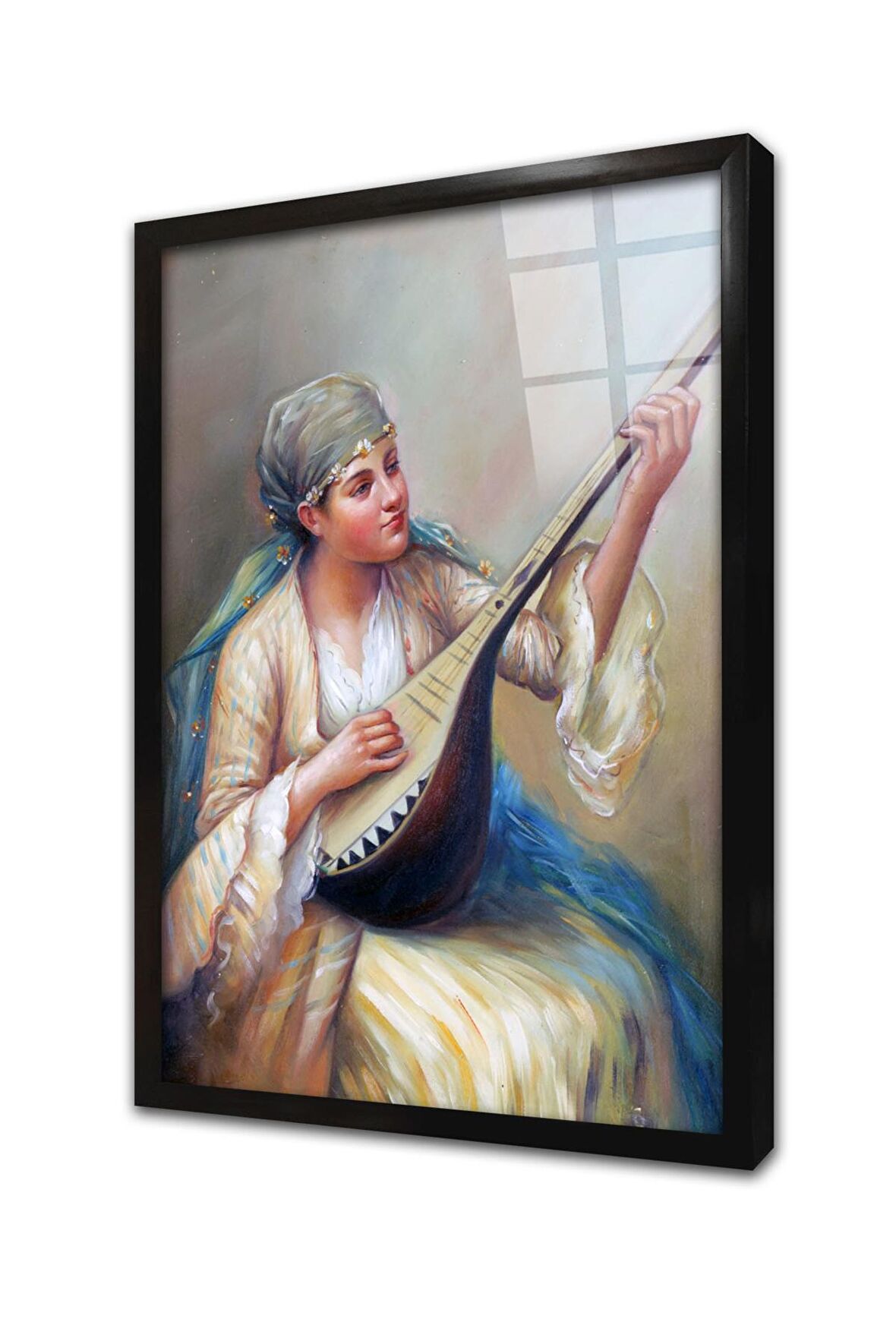 Saz Çalan Kadın Çerçeveli Cam Tablo