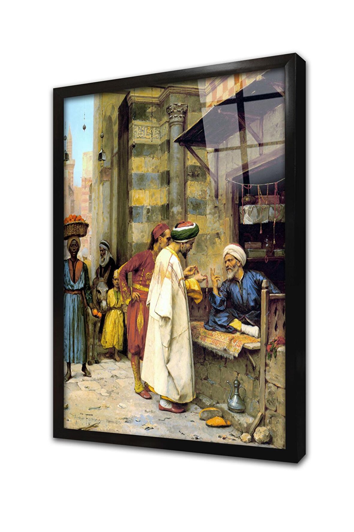 Tesbih Alışverişi Yapan Tüccar Çerçeveli Cam Tablo