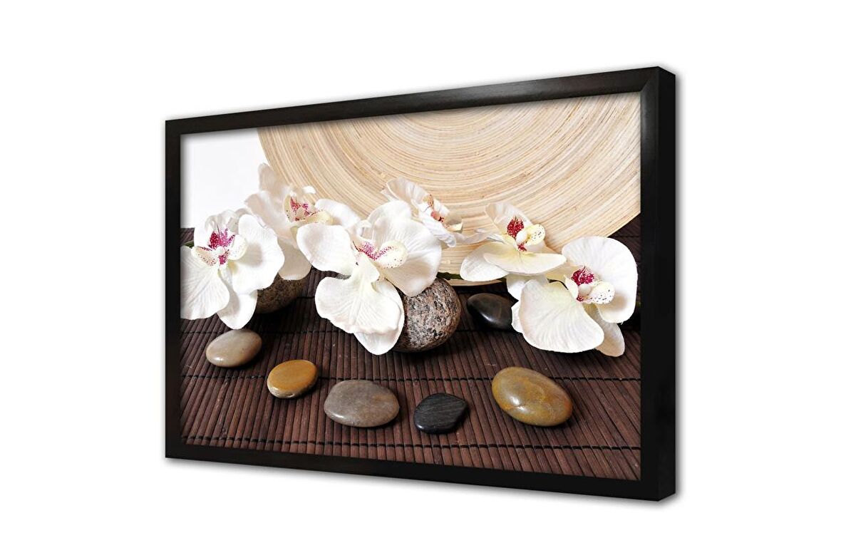 Taşlar ve Çiçekler Çerçeveli Cam Tablo