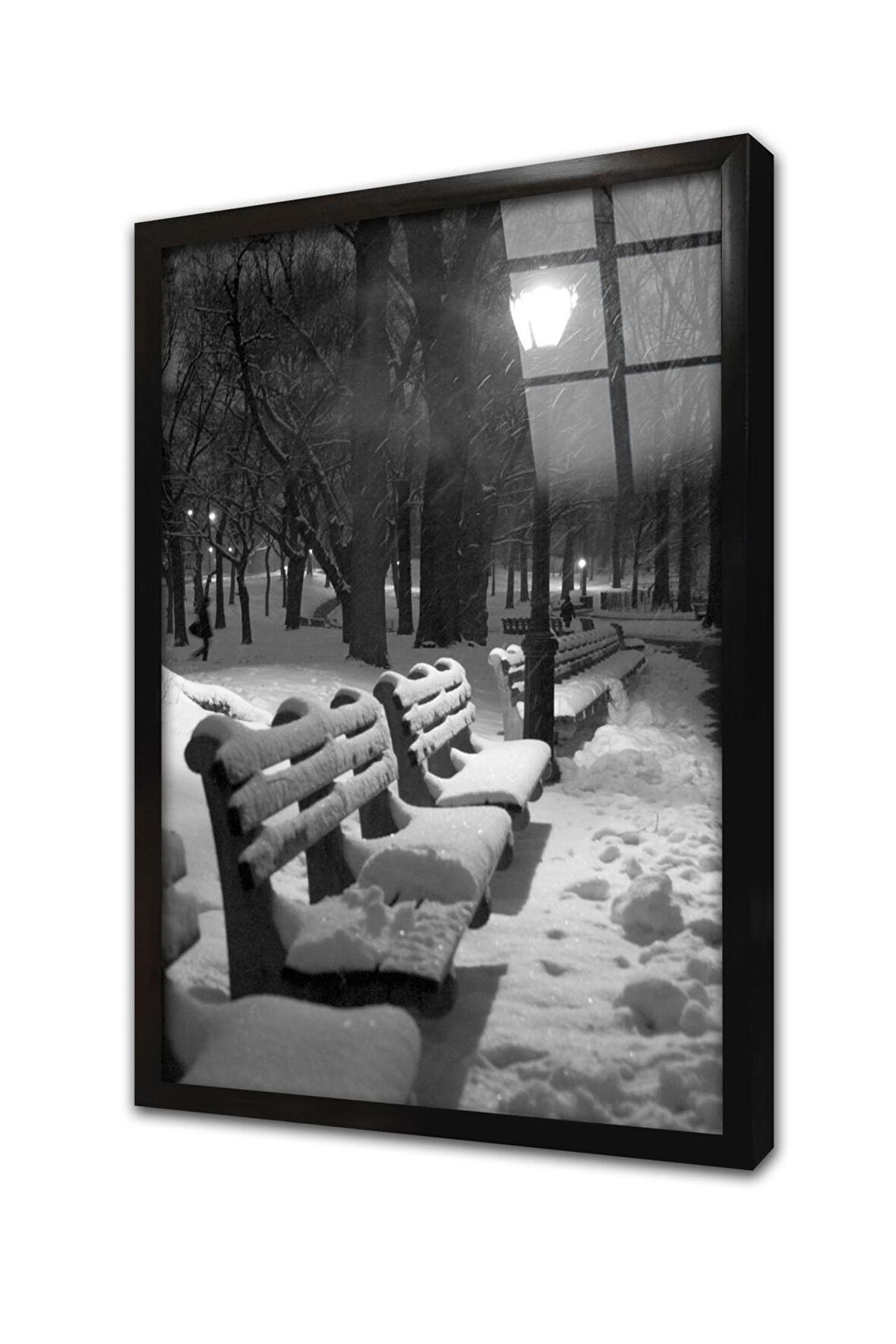 Gece Karlar Altında Banklar Çerçeveli Cam Tablo