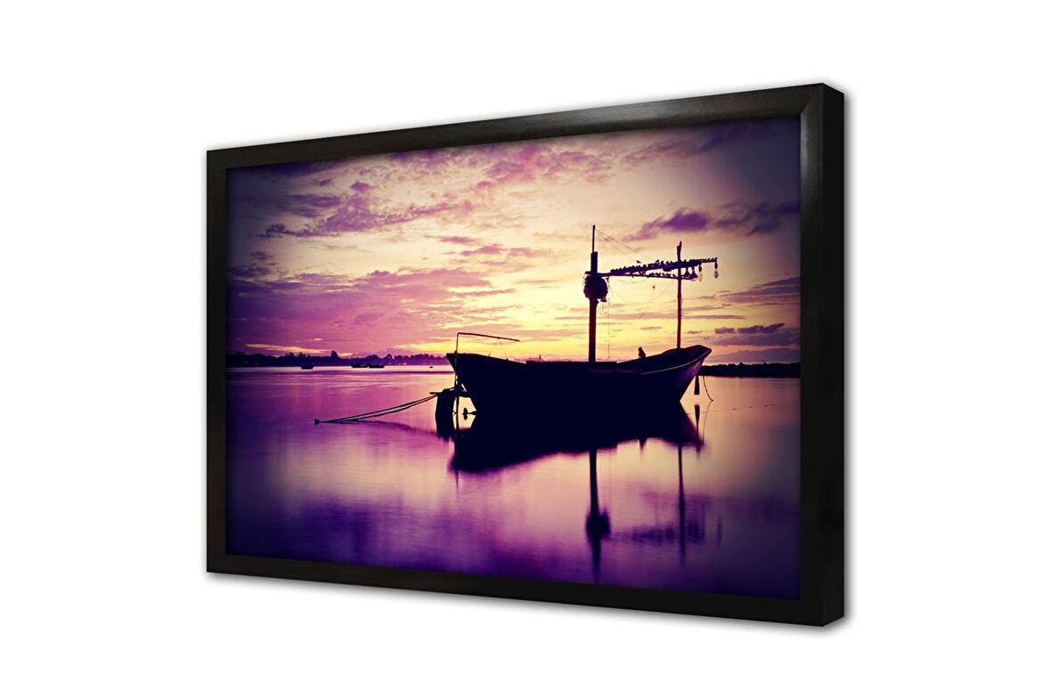 Gün Batımında Tekne Çerçeveli Cam Tablo