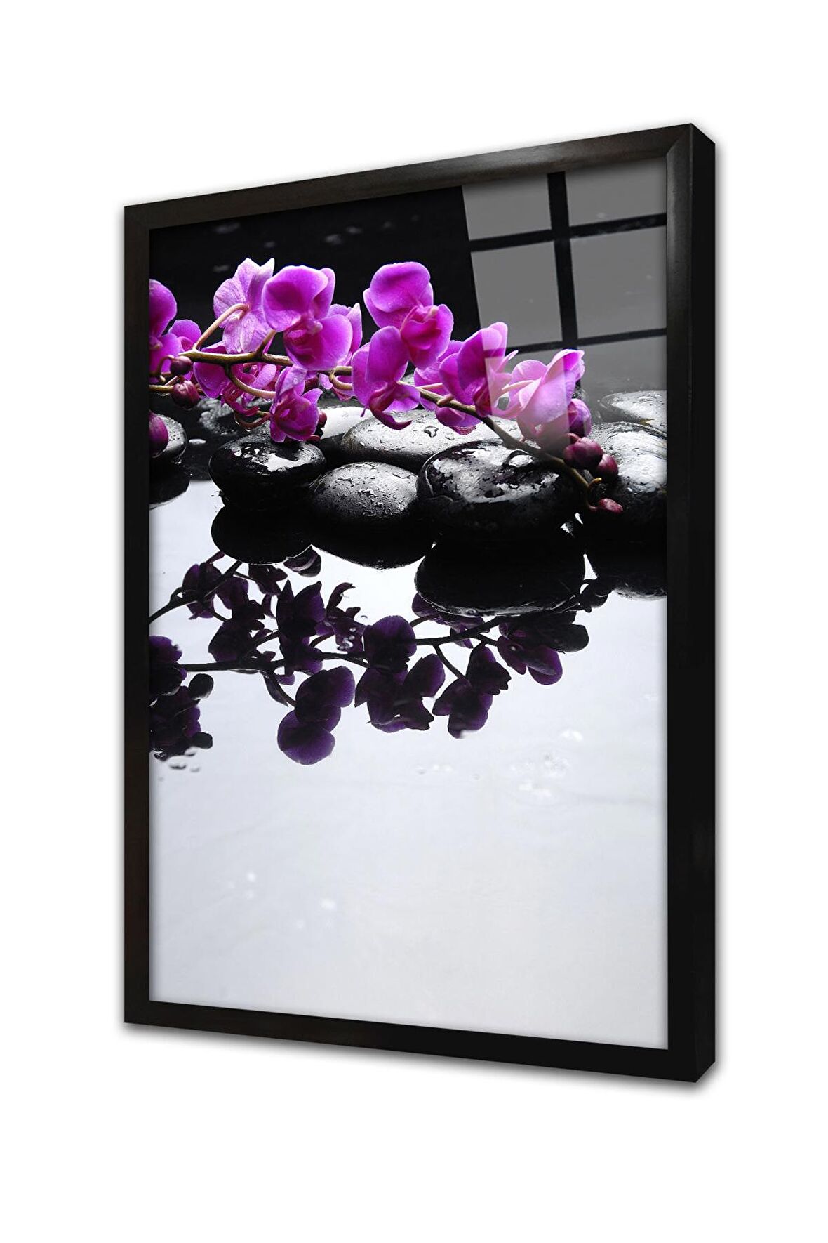 Spa Taşları ve Orkide Çerçeveli Cam Tablo