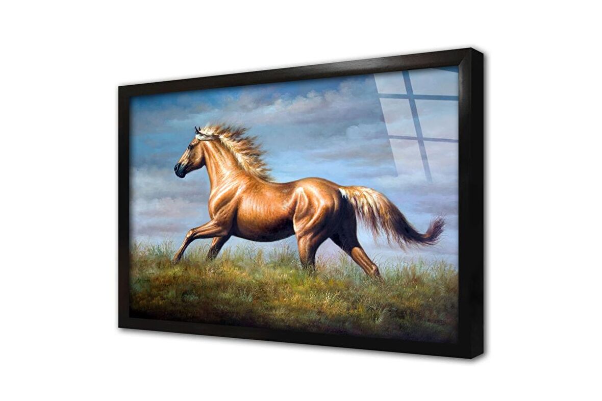 Doğada Koşan At Çerçeveli Cam Tablo