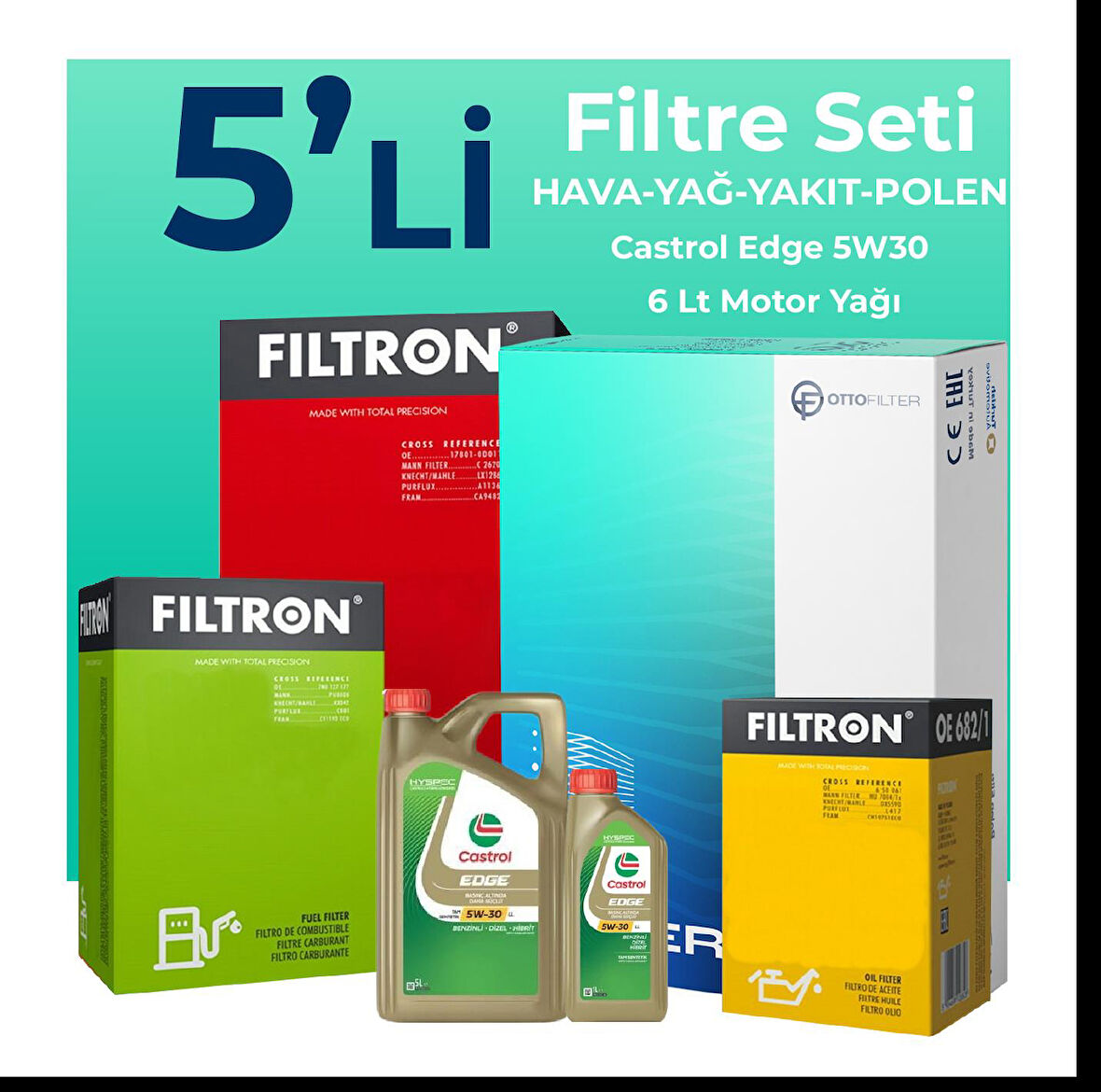 Filtron Audi A6 3.0 Dizel QUATRO 272 HP Filtre Bakım Seti Castrol Motor Yağlı (2014-2018) 5 Li