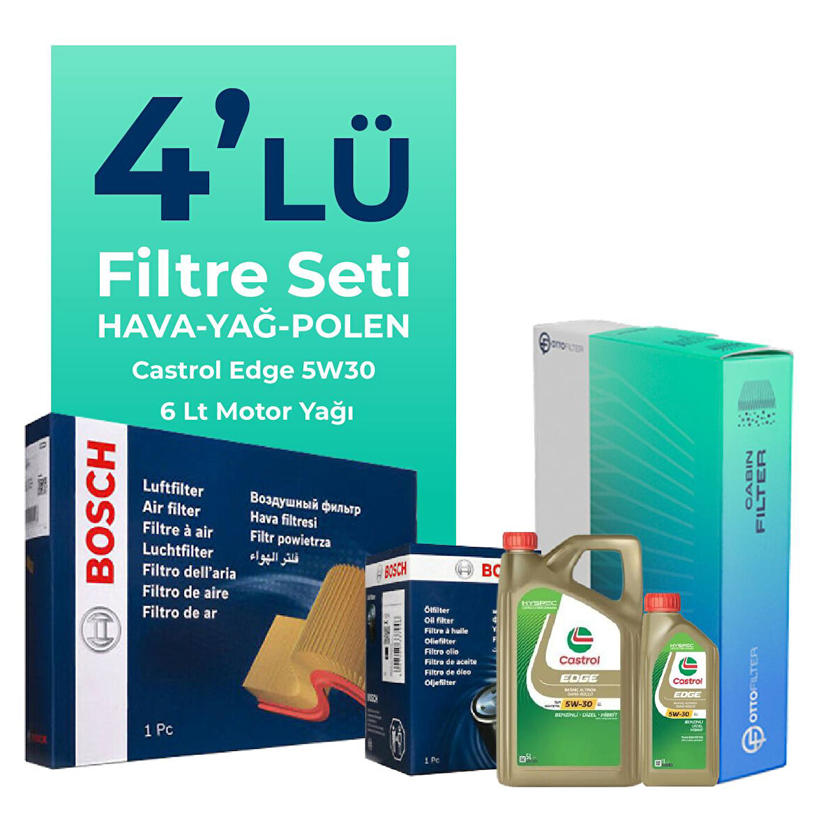 BOSCH Volkswagen Transporter T6 2.0 Dizel Filtre Bakım Seti Castrol Motor Yağlı (2015-2023) 4 Lü