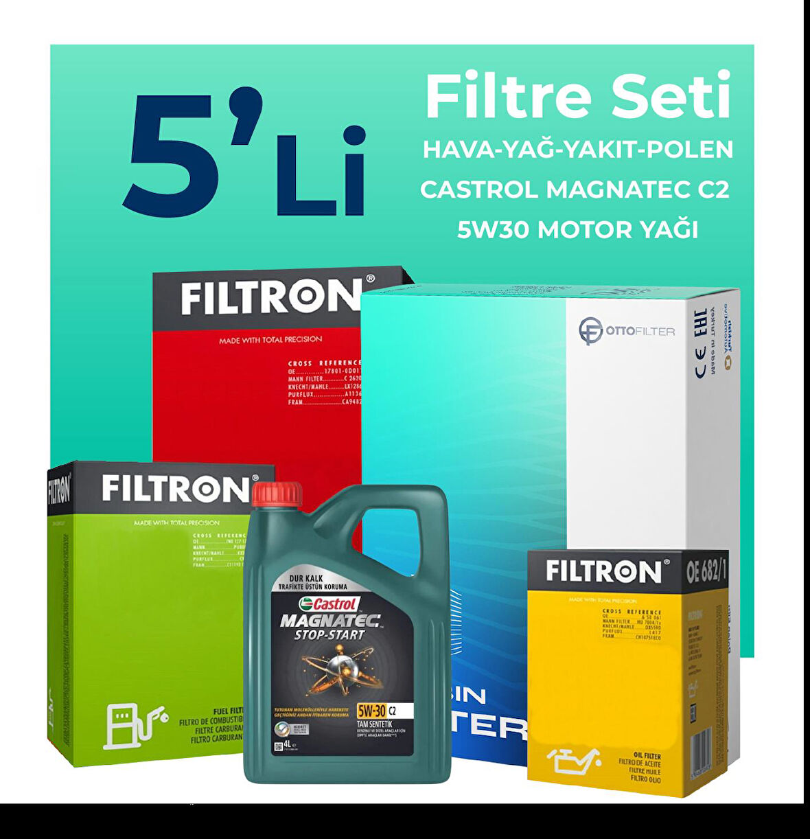 Filtron Citroen DS5 1.6 BlueHDi Dizel Filtre Bakım Seti Castrol Motor Yağlı (2015-2017) 5 Li