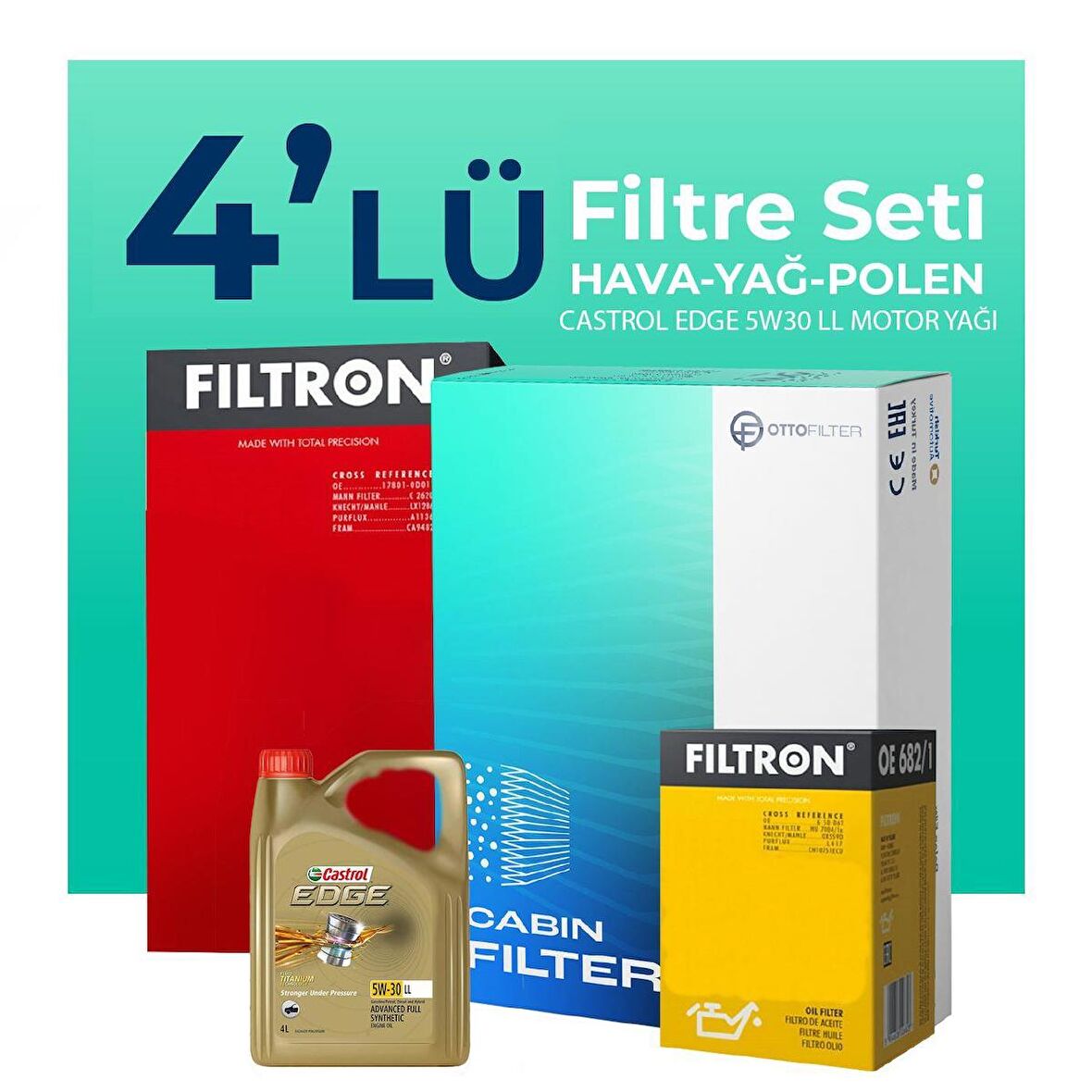 Filtron Fiat Egea 1.4 Benzin Filtre Bakım Seti Castrol Motor Yağlı (2015-2024) 4 Lü