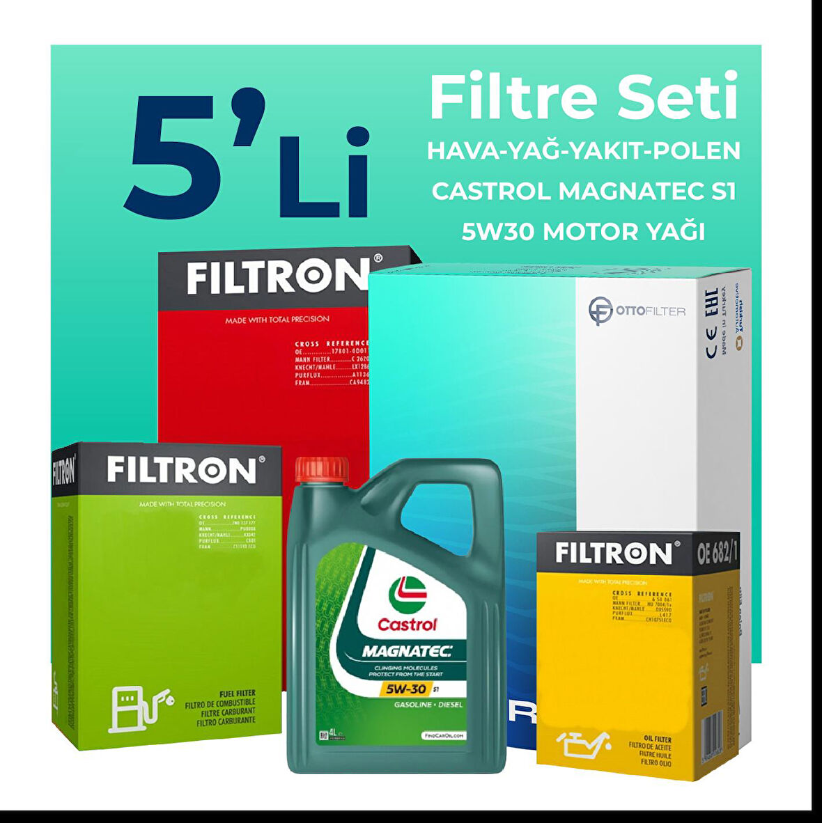 Filtron Fiat Grande Punto 1.3 Dizel Filtre Bakım Seti Castrol Motor Yağlı EURO 4 (2005-2013) 5 Li