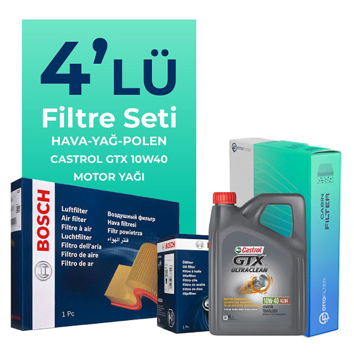 BOSCH Fiat Panda 1.2 Benzinli Filtre Bakım Seti Castrol Motor Yağlı (2004-2010) 4 Lü