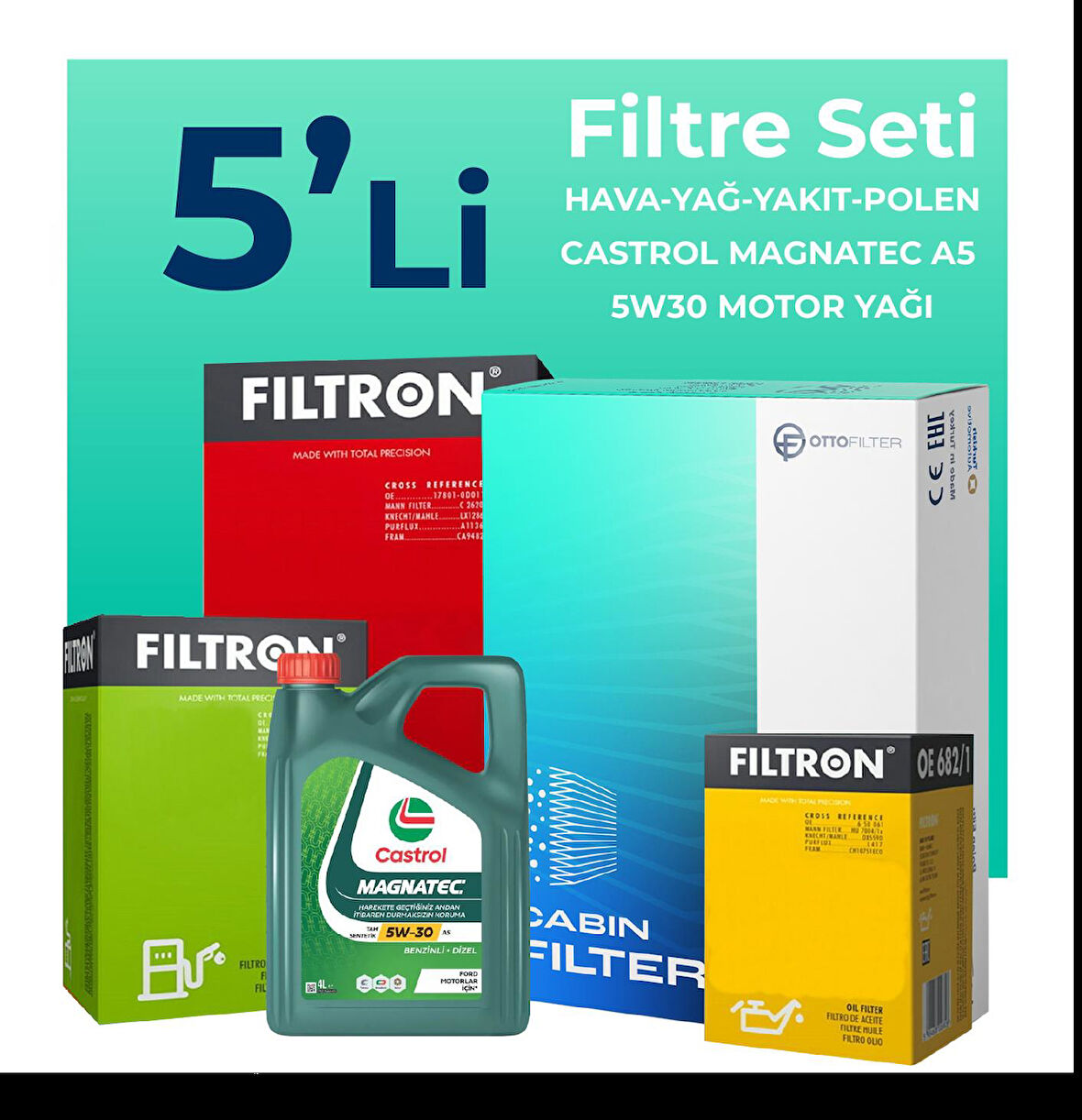 Filtron Ford Fiesta 1.4 Dizel Filtre Bakım Seti Castrol Motor Yağlı  (2002-2008) 5 Li