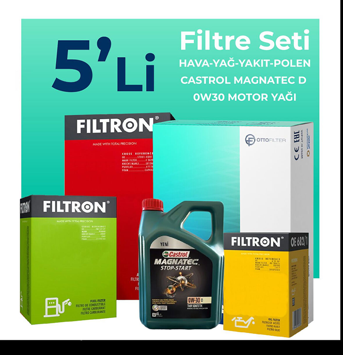 Filtron Ford Focus 1.5 Dizel Filtre Bakım Seti Castrol Motor Yağlı (2014-2017) 5 Li