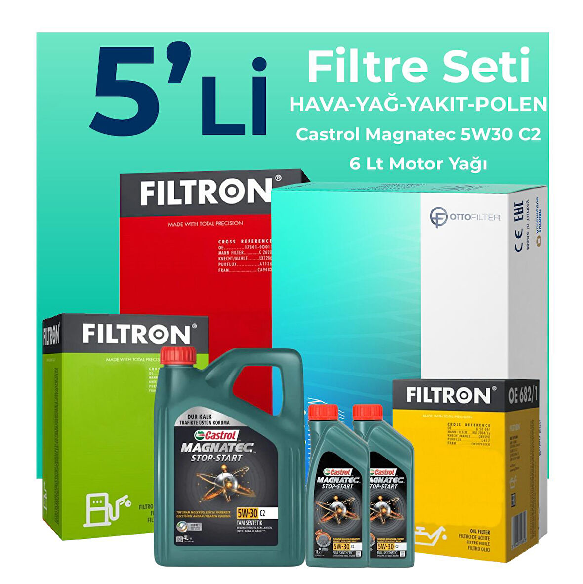 Filtron Hyundai Santa FE 2.2 Dizel Filtre Bakım Seti Castrol Motor Yağlı (2006-2009) 5 Li