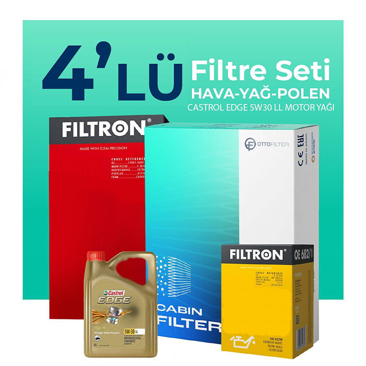 Filtron Mercedes A180 Benzin Filtre Bakım Seti Castrol Motor Yağlı (2018-2022) 4 Lü