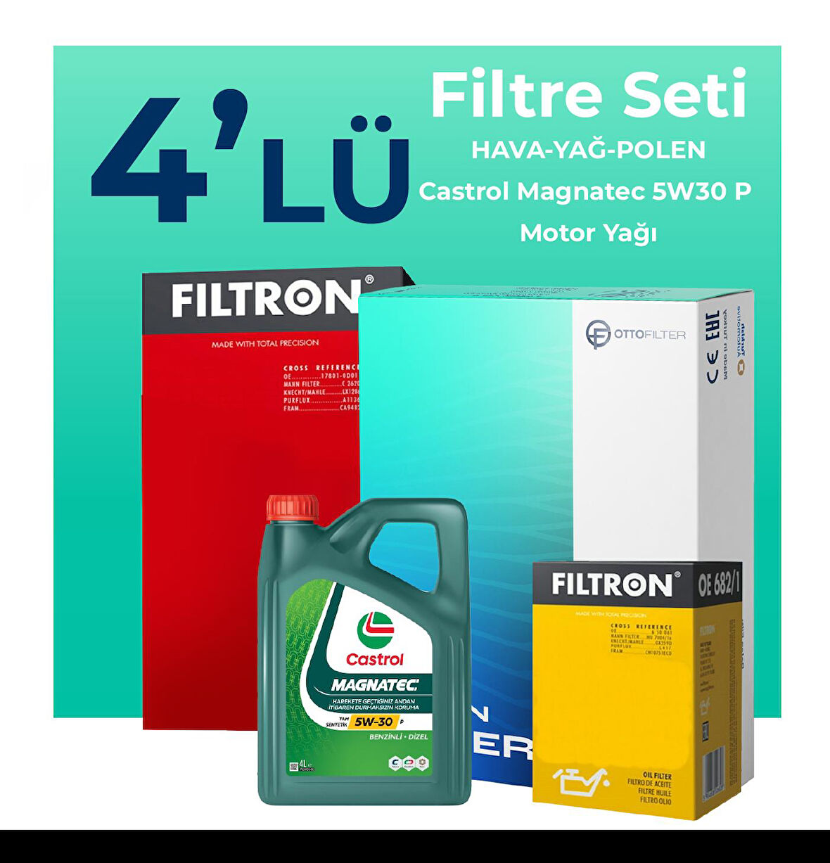 Filtron Peugeot 208 1.2 Benzin Turbo Filtre Bakım Seti Castrol Motor Yağlı (2019-2024) 4 Lü
