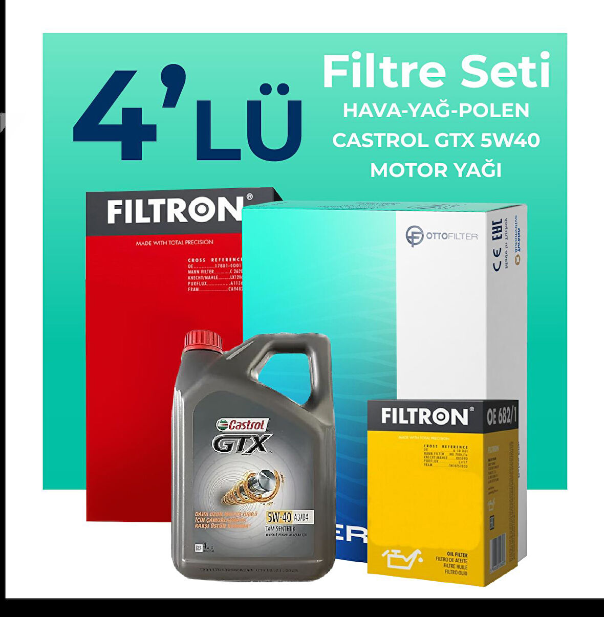 Filtron Renault Clio 1.2 Benzin Filtre Bakım Seti Castrol Motor Yağlı (2014-2021) 4 Lü
