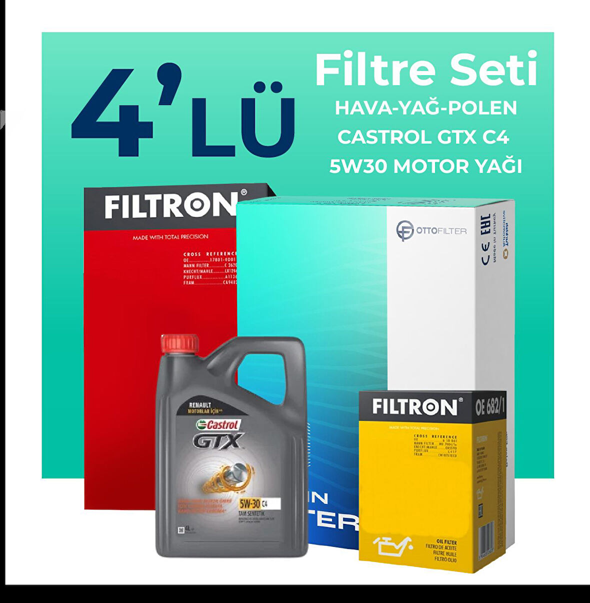 Filtron Renault Clio 1.0 Benzin SCe Filtre Bakım Seti Castrol Motor Yağlı (2019-2024) 4 Lü