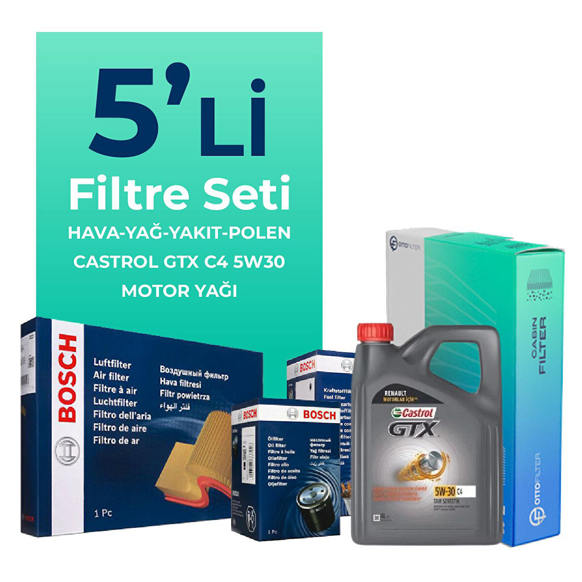 BOSCH Renault Kadjar 1.5 Dizel Filtre Bakım Seti Castrol Motor Yağlı (2015-2018) 5 Li