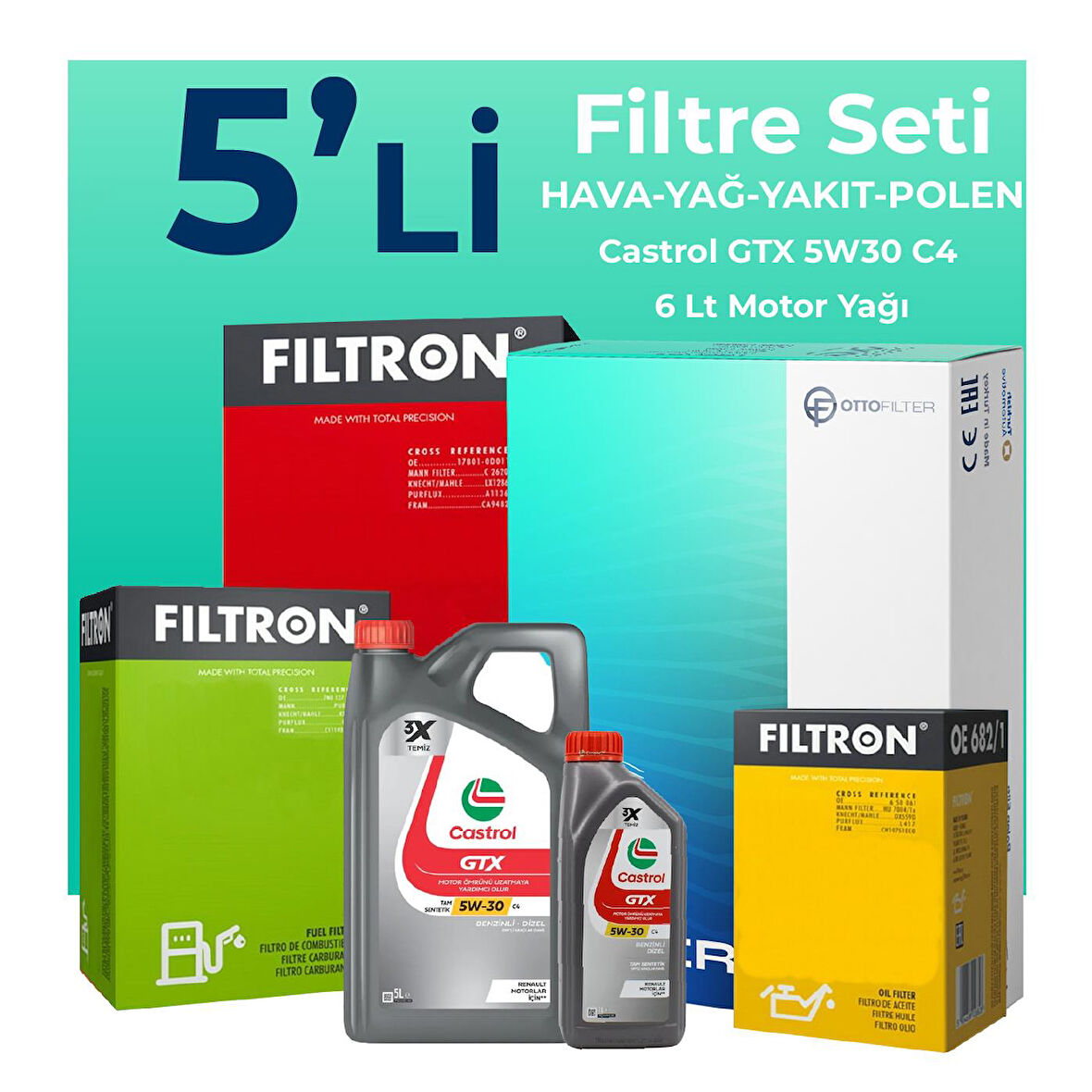 Filtron Jaguar XF 2.2 Dizel Filtre Bakım Seti Castrol Motor Yağlı (2010-2015) 5 Li