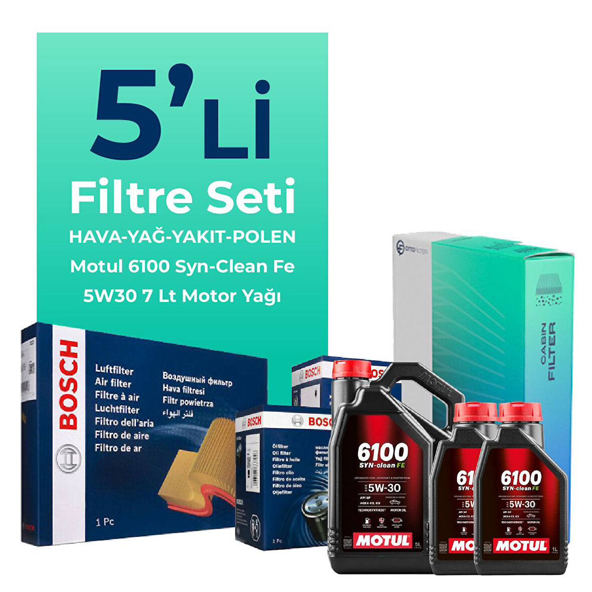 BOSCH Ford Transit Custom 2.2 Dizel Filtre Bakım Seti Motul Motor Yağlı (2012-2019) 5 Li