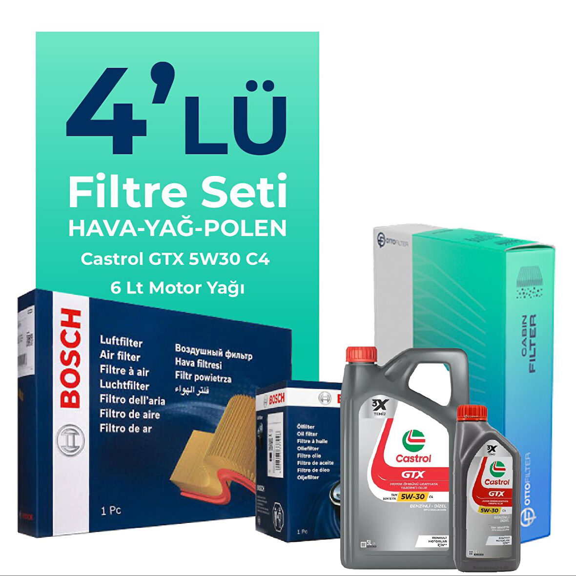 BOSCH Renault Clio 1.3 Benzin TCe Filtre Bakım Seti Castrol Motor Yağlı (2019-2024) 4 Lü