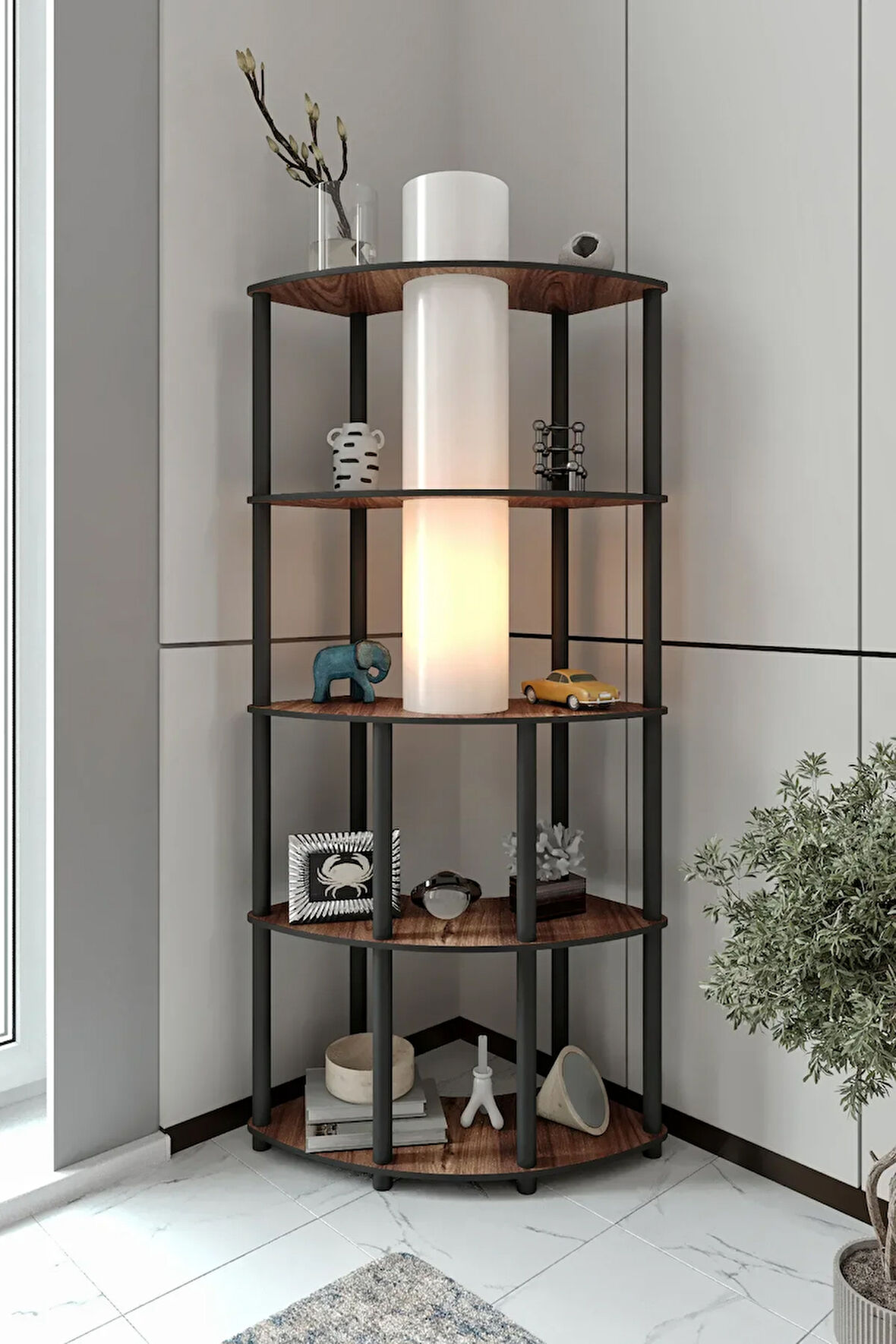 Ravilo Conrad Çift Yön Kullanım Raflı Köşe Lambader Ceviz