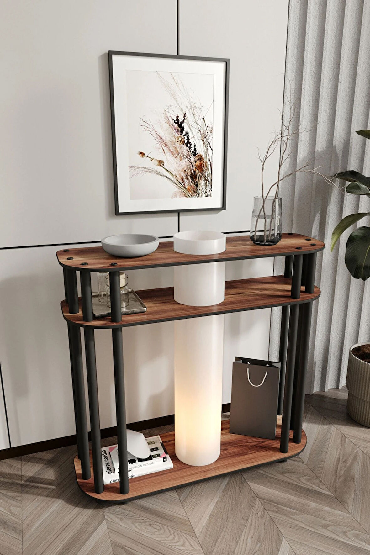 Ravilo Cruise Dresuar Dekoratif Raflı Lambader Ceviz