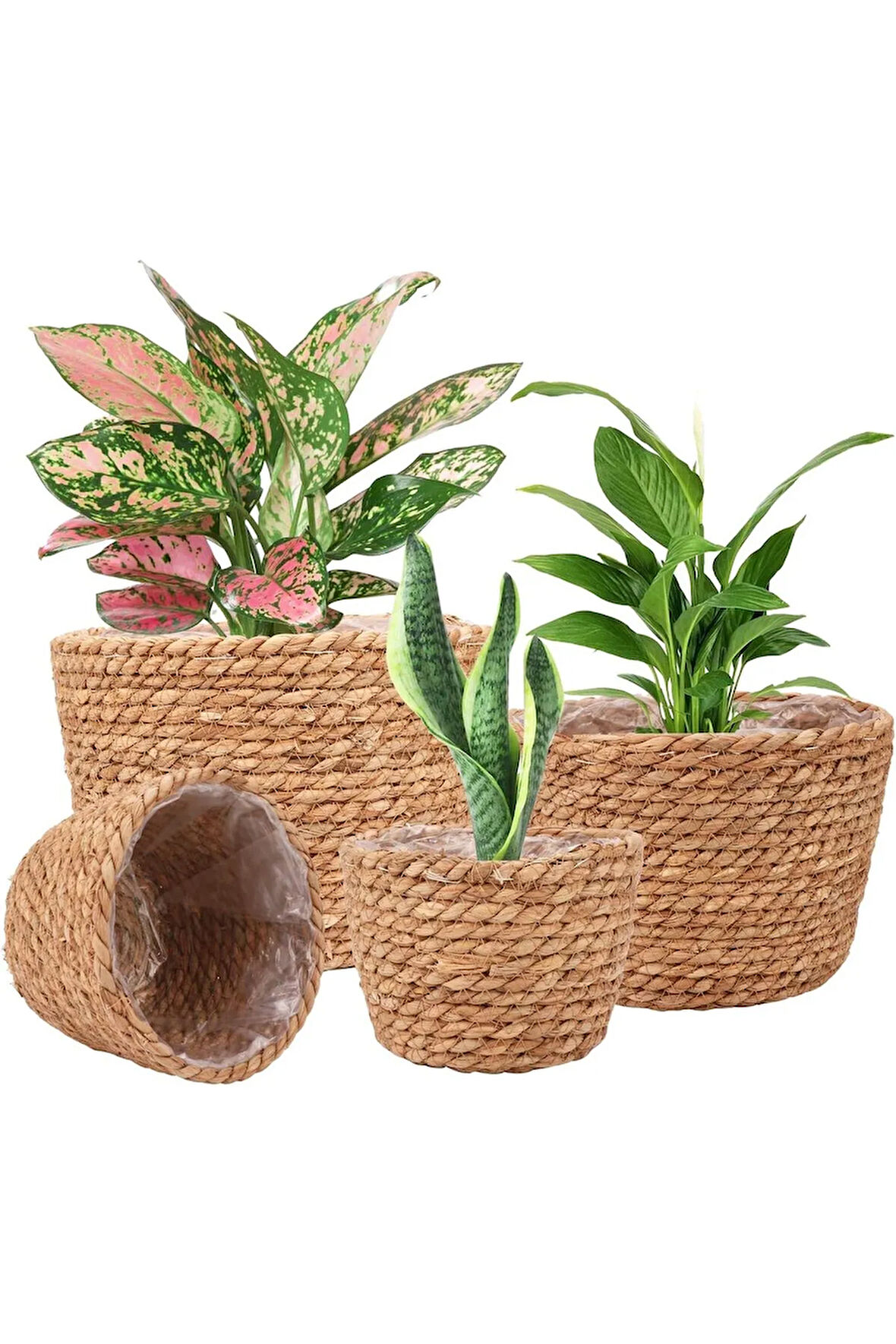 4 adet Hasır Saklama Sepeti ve Saksı İç ve Dış Mekan Bitkileri için  Saksı Örtüsü  Dekorasyon