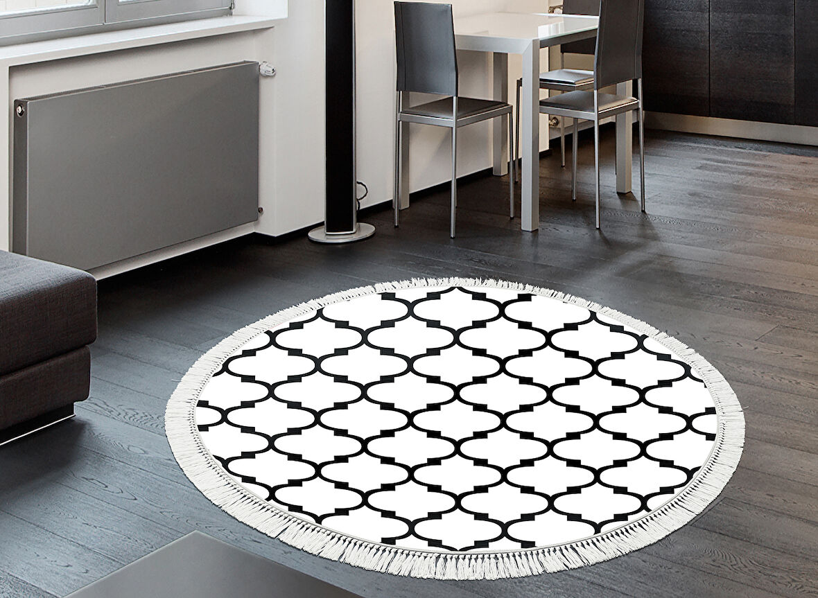 Dekoreko İnci Halı Dijital Saçaklı Yuvarlak 2025 Beyaz-