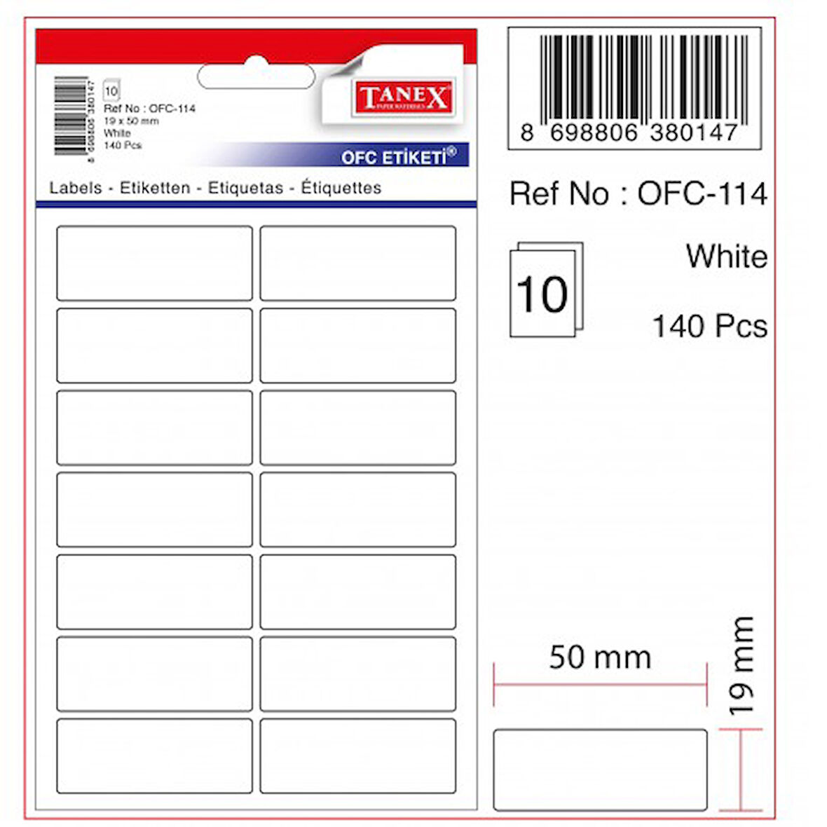 Tanex Etiket Ofc-114 Beyaz Yapışkanlı - 5 paket