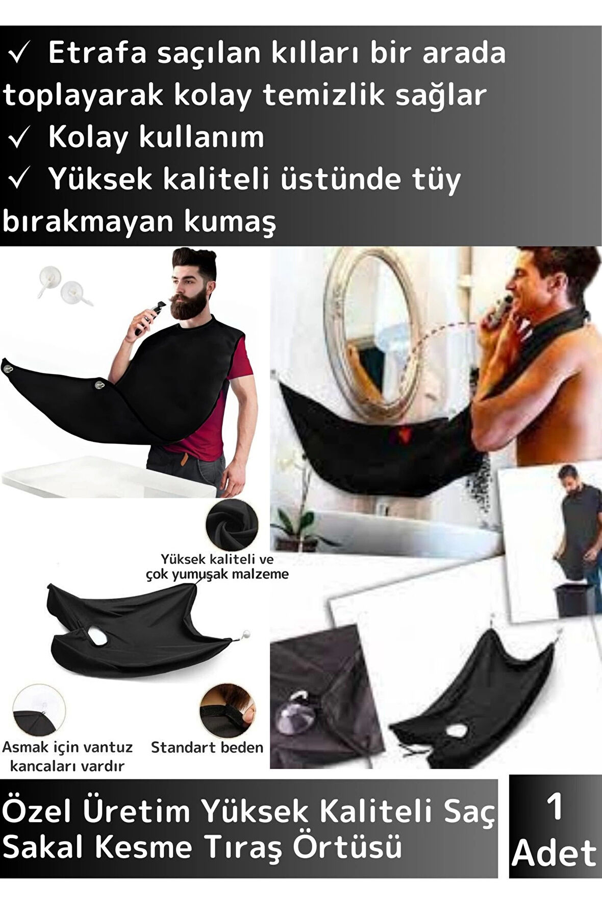 Premium Seri Pratik Vakumlu Aynaya Yapıştırma Aparatlı Evde Saç Sakal Kesme Tıraş Örtüsü Siyah