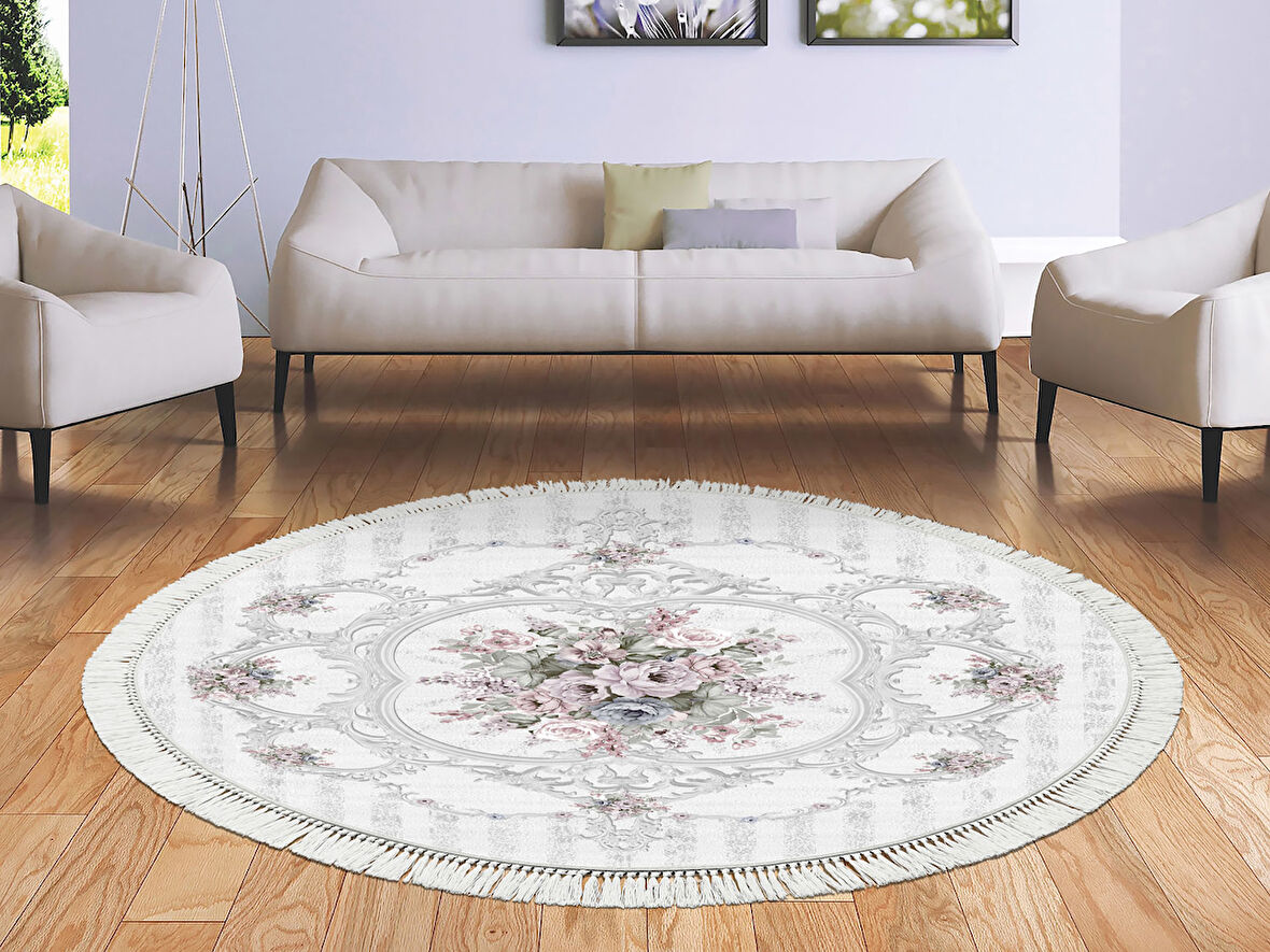 Dekoreko İnci Halı Dijital Saçaklı Yuvarlak 2020 Desen 1