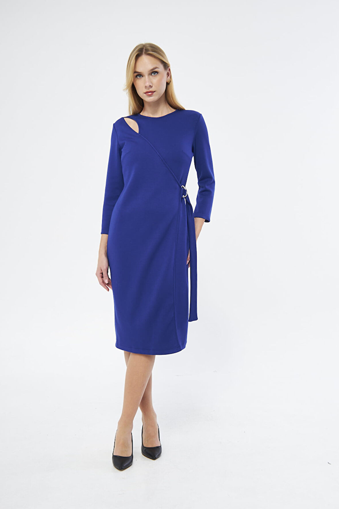 Picacy Yuvarlak Yaka Diz Altı Regular Fit Mavi Renk Elbise