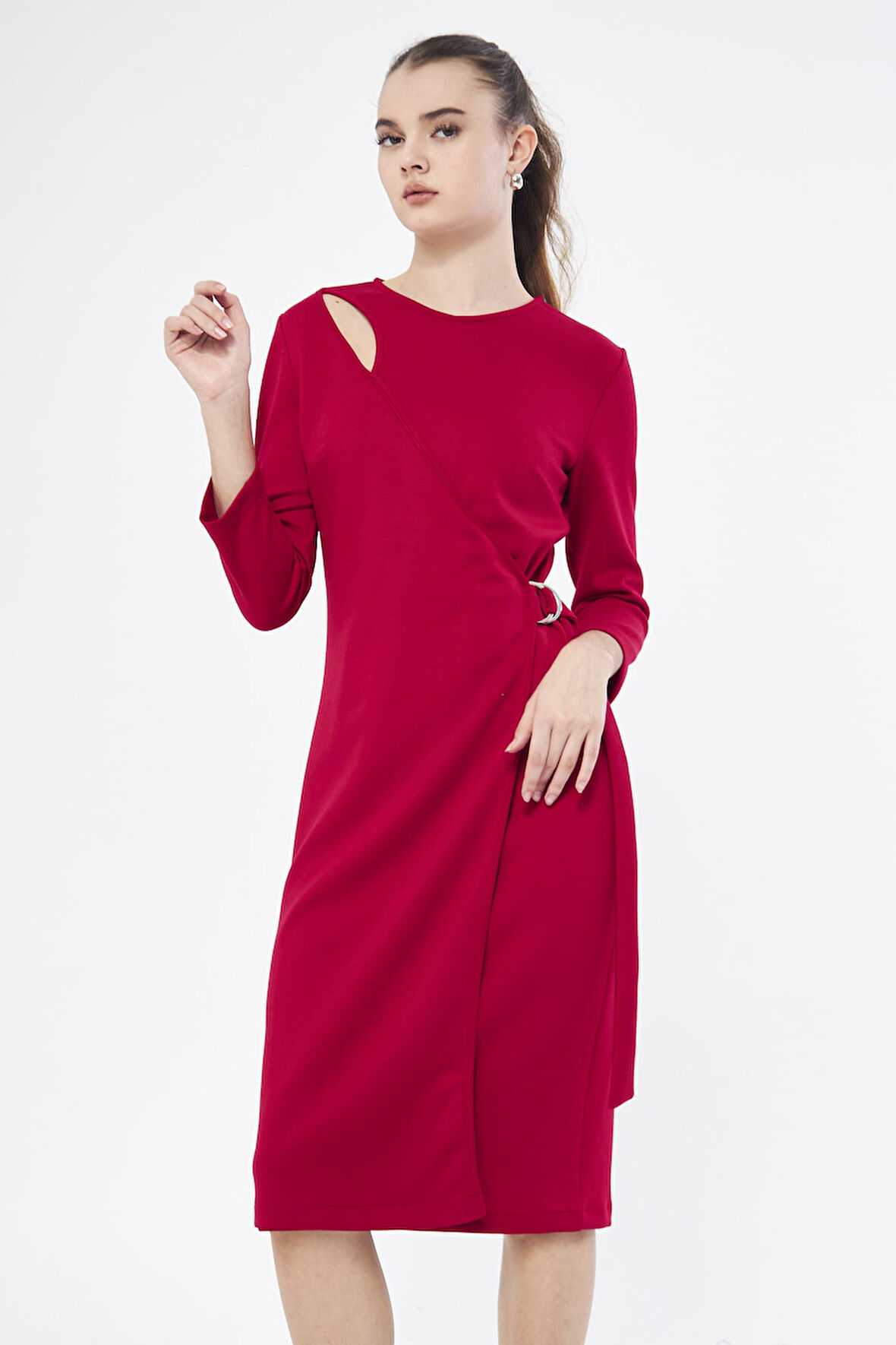 Picacy Yuvarlak Yaka Diz Altı Regular Fit Kırmızıi Renk Elbise