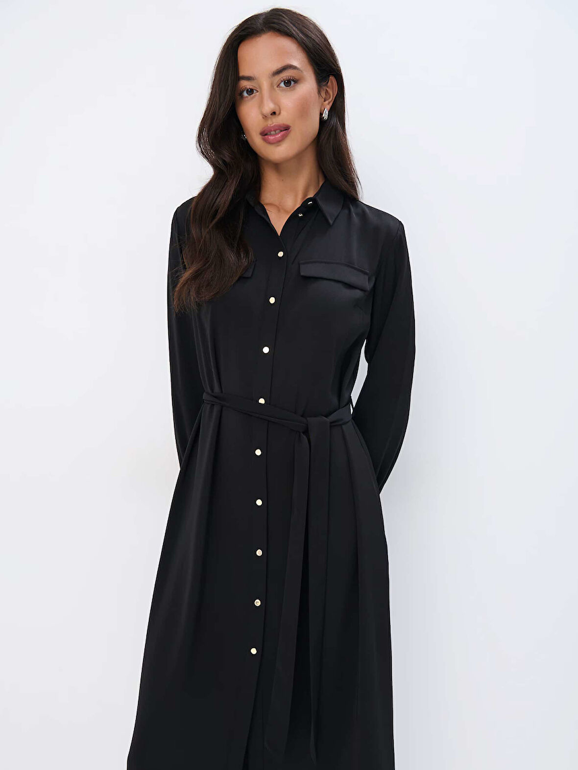 Aquer Elbi̇se Gömlek Yaka Uzun Boy Regular Fit Siyah Renk Elbise