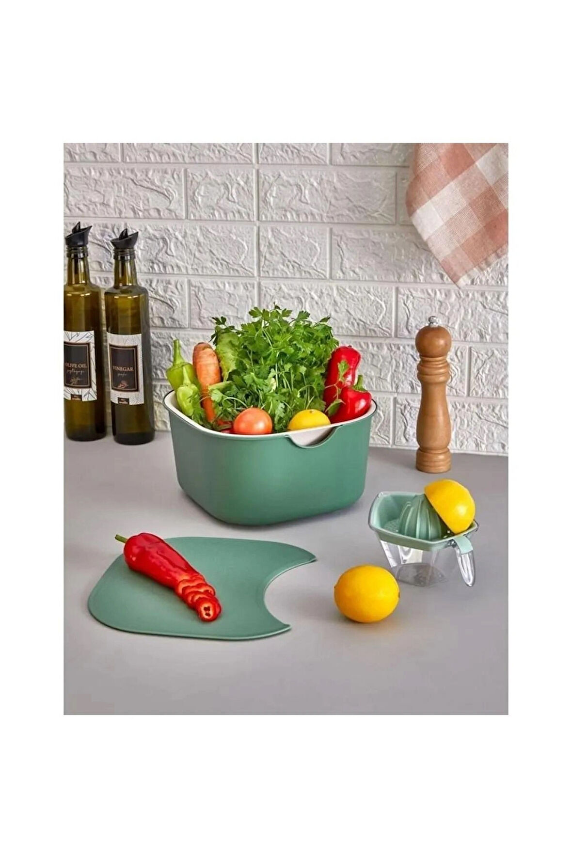 KARIŞTIRMA KABI KESME TAHTASI SÜZGEÇ LİMONLUK SET MİNT YEŞİLİ RENK