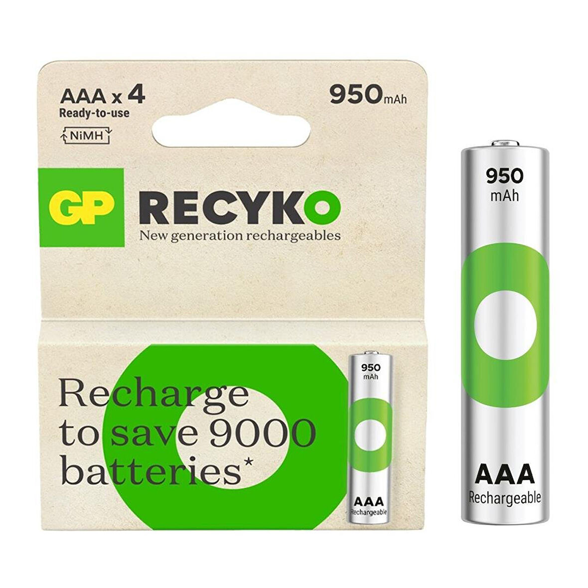 Gp Recyko 950 mAh AAA 4'lü Şarjlı İnce Kalem Pil GP100AAAHCE-2EB4 GPRHC103E001