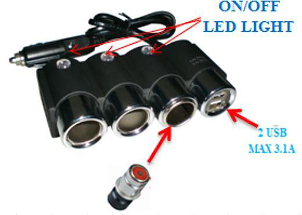 Ayt Olesson 1508 12-24V 3Lü Çift Usbli 120W 80 Cm Kablolu Araç Oto Tır Çakmak Çoklayıcı Çakmaklık Çoğaltıcı