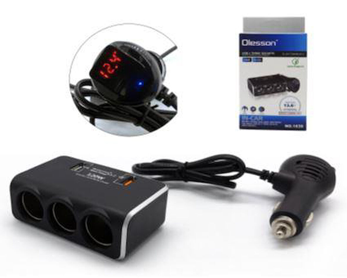 Ayt Olesson 1639 12-24V 3Lü Çift Usbli 120W 80Cm Kablolu Dijital Ekranlı Araç Oto Tır Çakmak Çoklayıcı Çakmaklık Çoğaltıcı