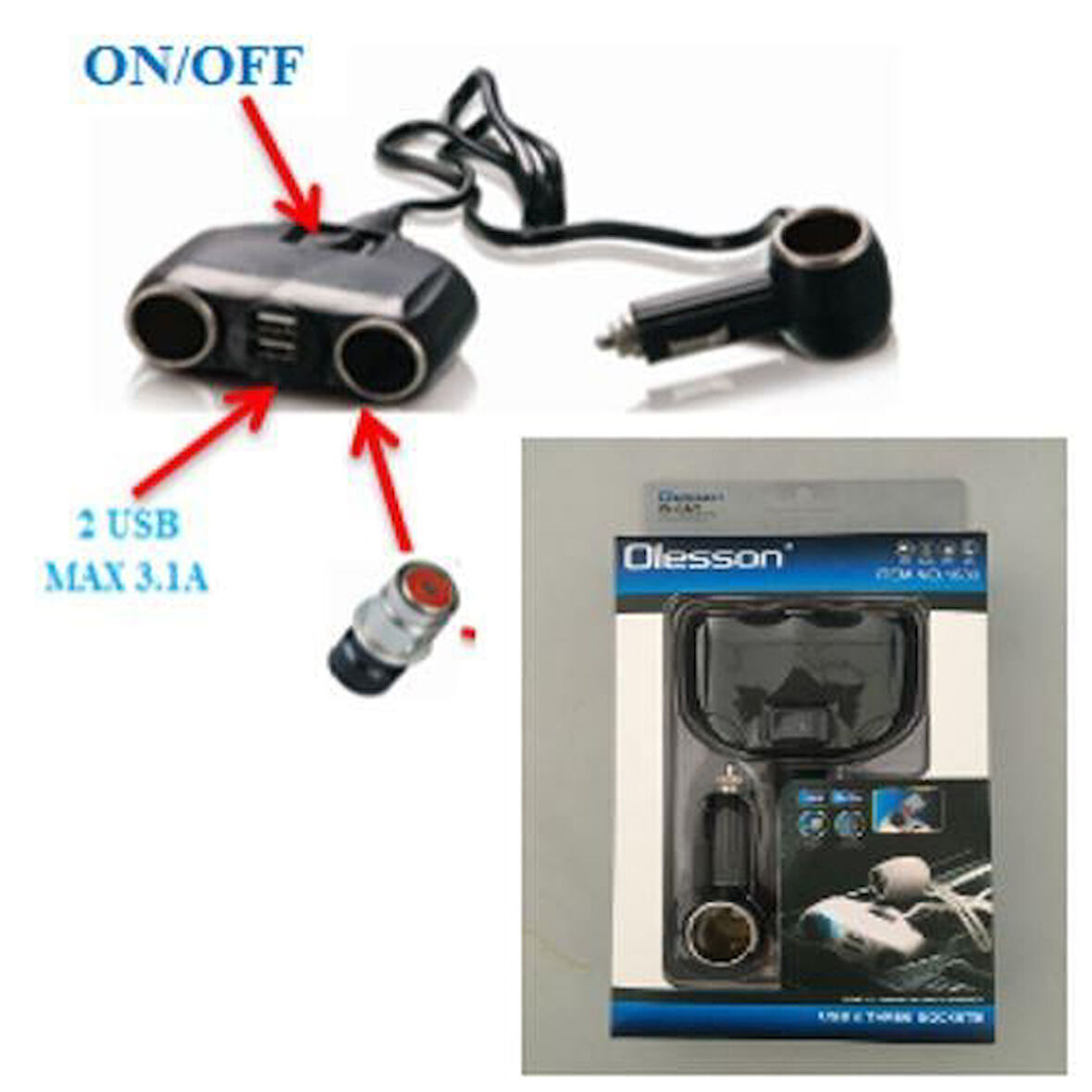 Ayt Olesson 1630 12-24V Çiftli Çift Usbli 120W 80 Cm Kablolu Araç Oto Tır Çakmak Çoklayıcı Çakmaklık Çoğaltıcı
