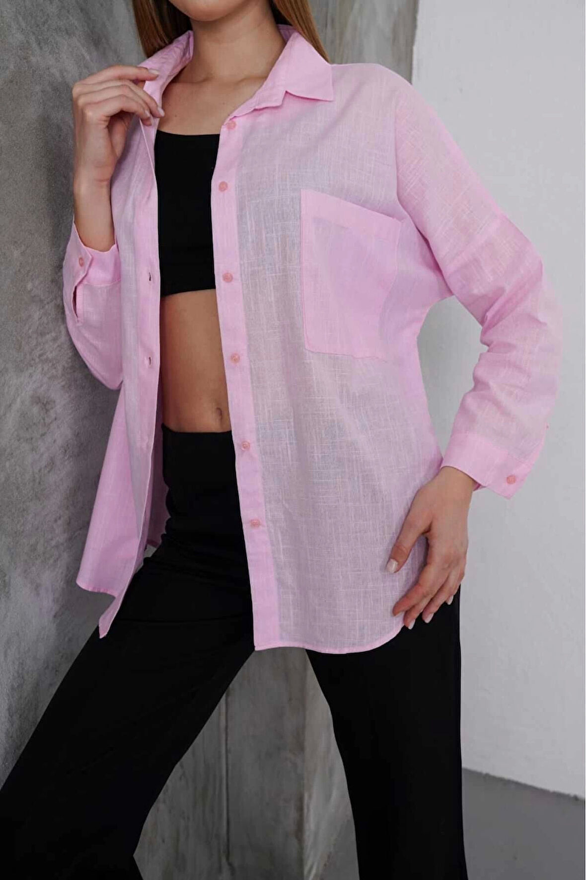 Kadın Pembe Oversize Uzun Keten Gömlek