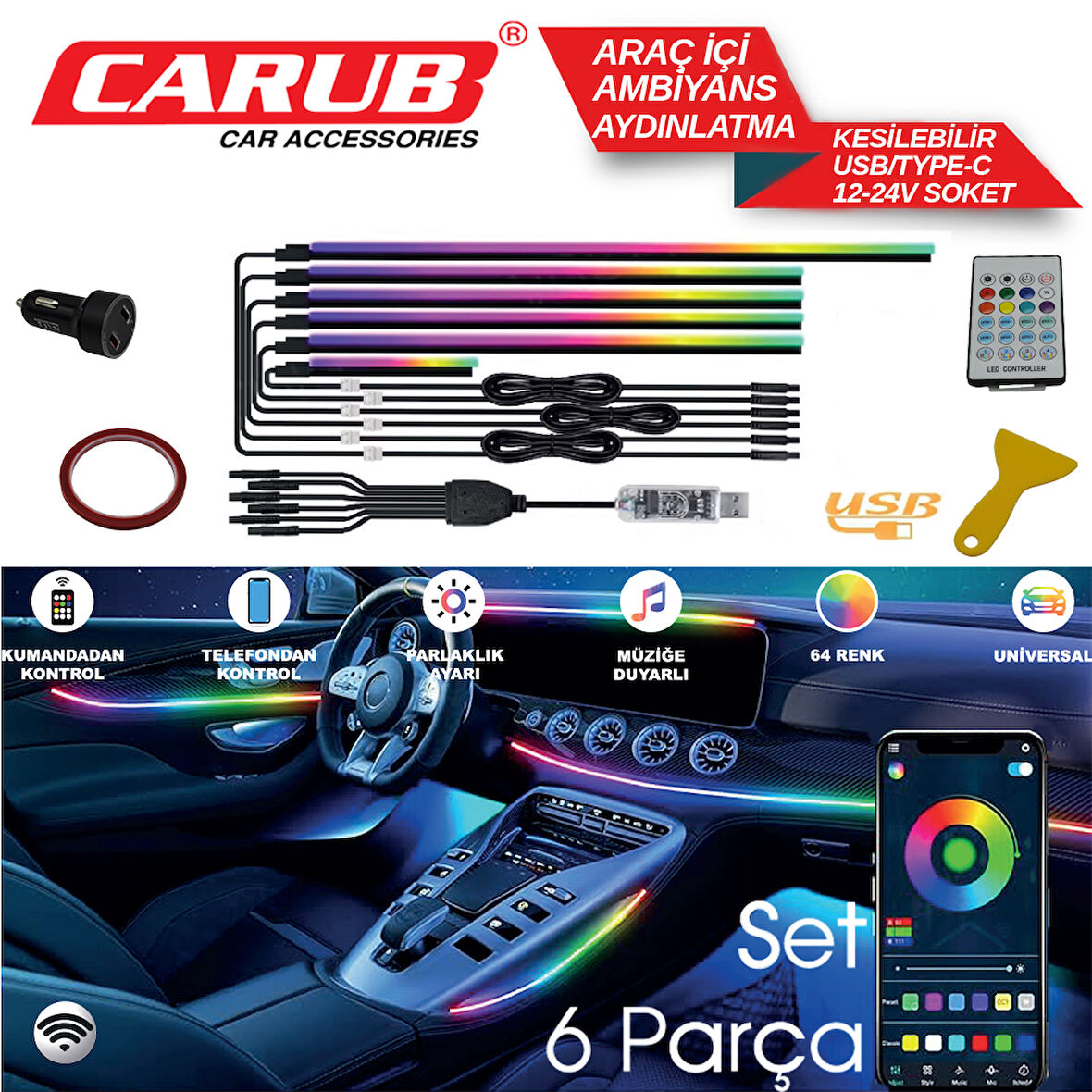 Carub Araç İçi Ambiyans Led Aydınlatma Wifi Kontrol Usb 6 Parça