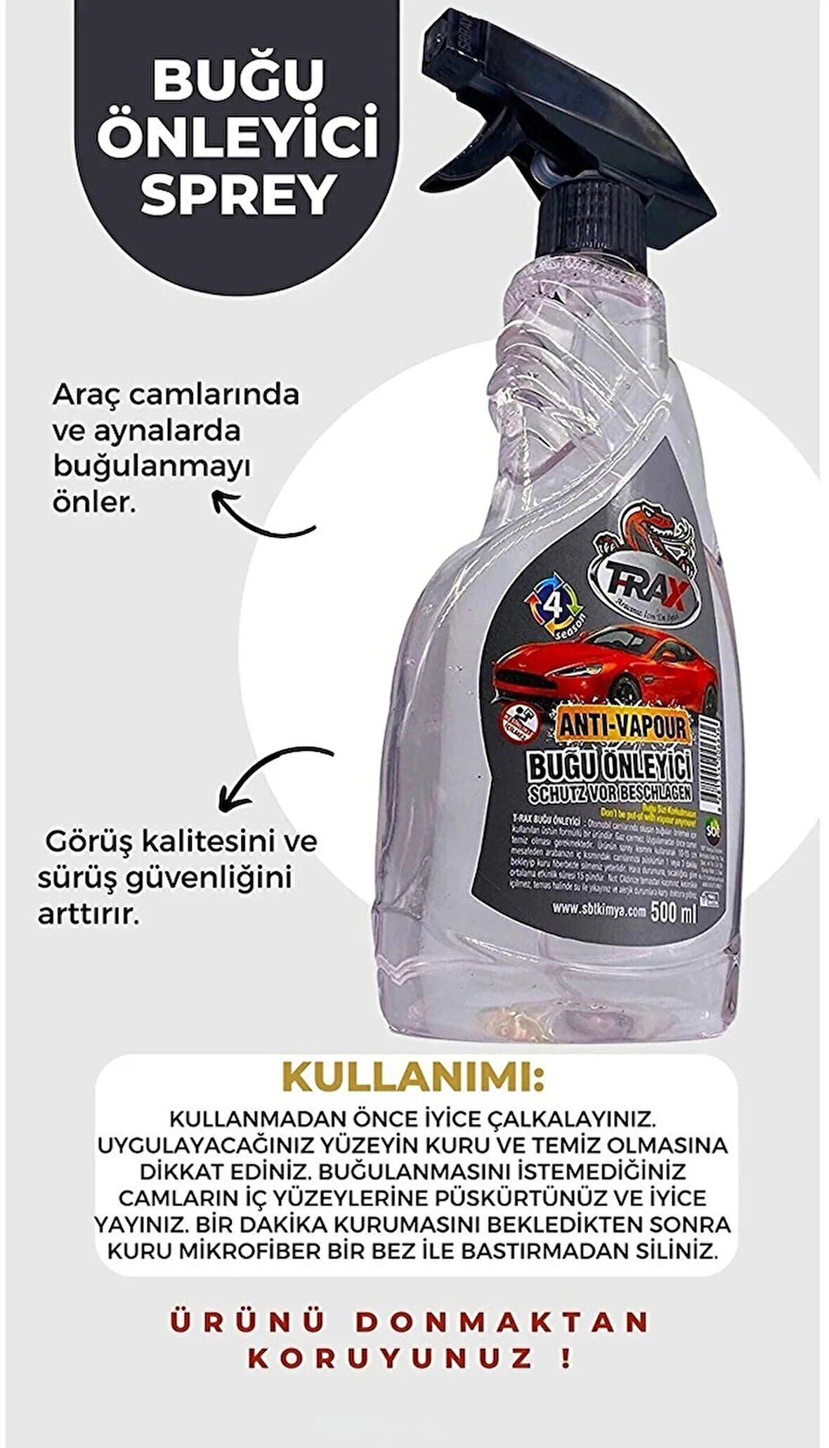Trax Araba Oto Cam Buğu Önleyici Engelleyici Sprey 500 ML
